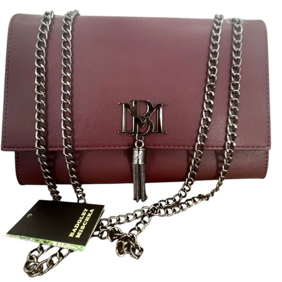 BADGLEY MISCHKA Metal Fringe Vegan Leather Wine Crossbody Shoulder Bag - Picture 1 of 16